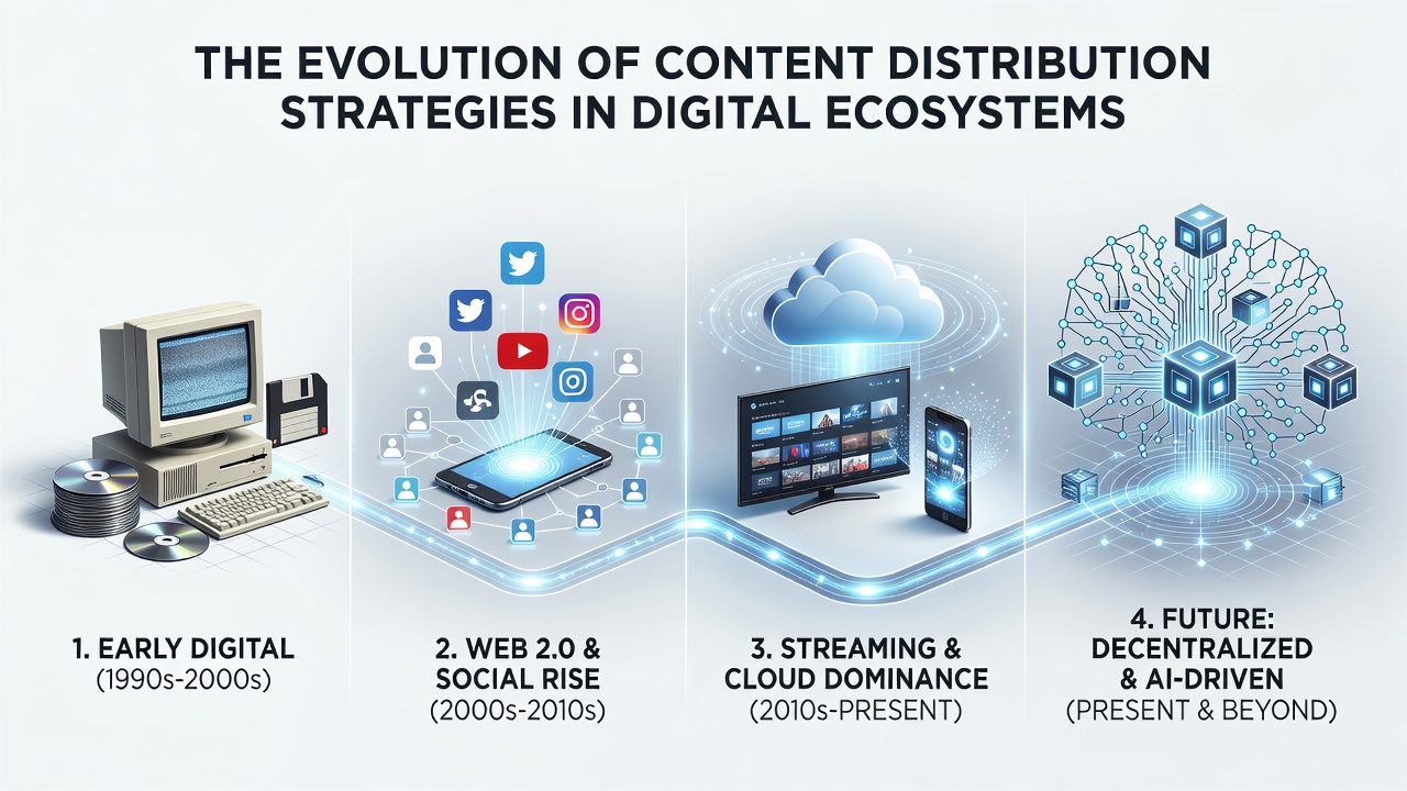 Infographic of modern content distribution through AI recommendations and multi-platform ecosystems